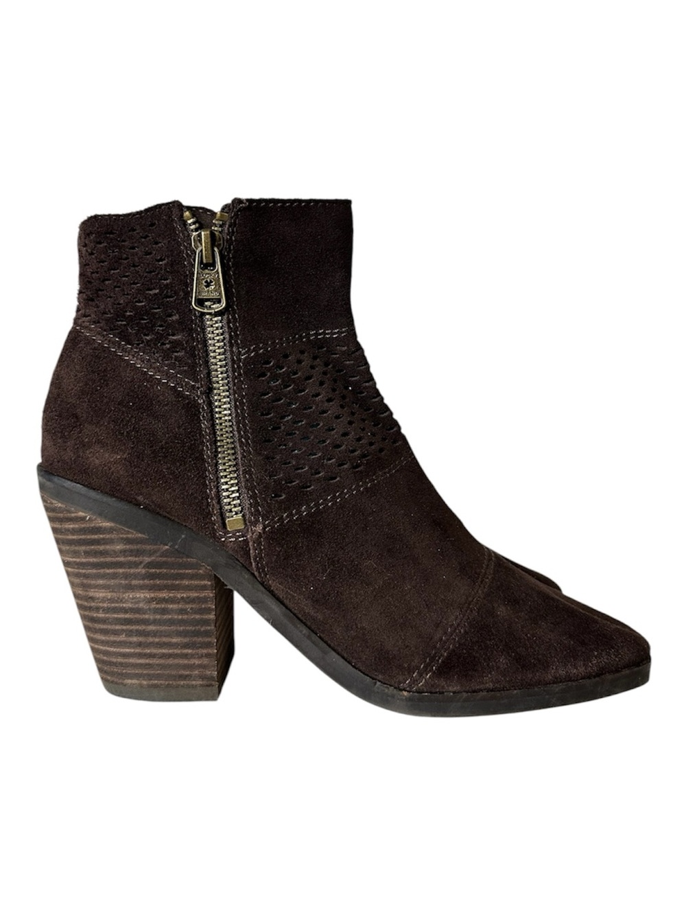 Lucky Brand Dark Brown Suede Perforated Ankle Bootie with Stacked Heel